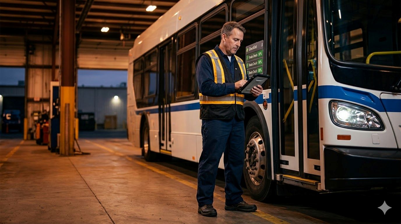 Inspecteur met tablet bij voertuigkeuring