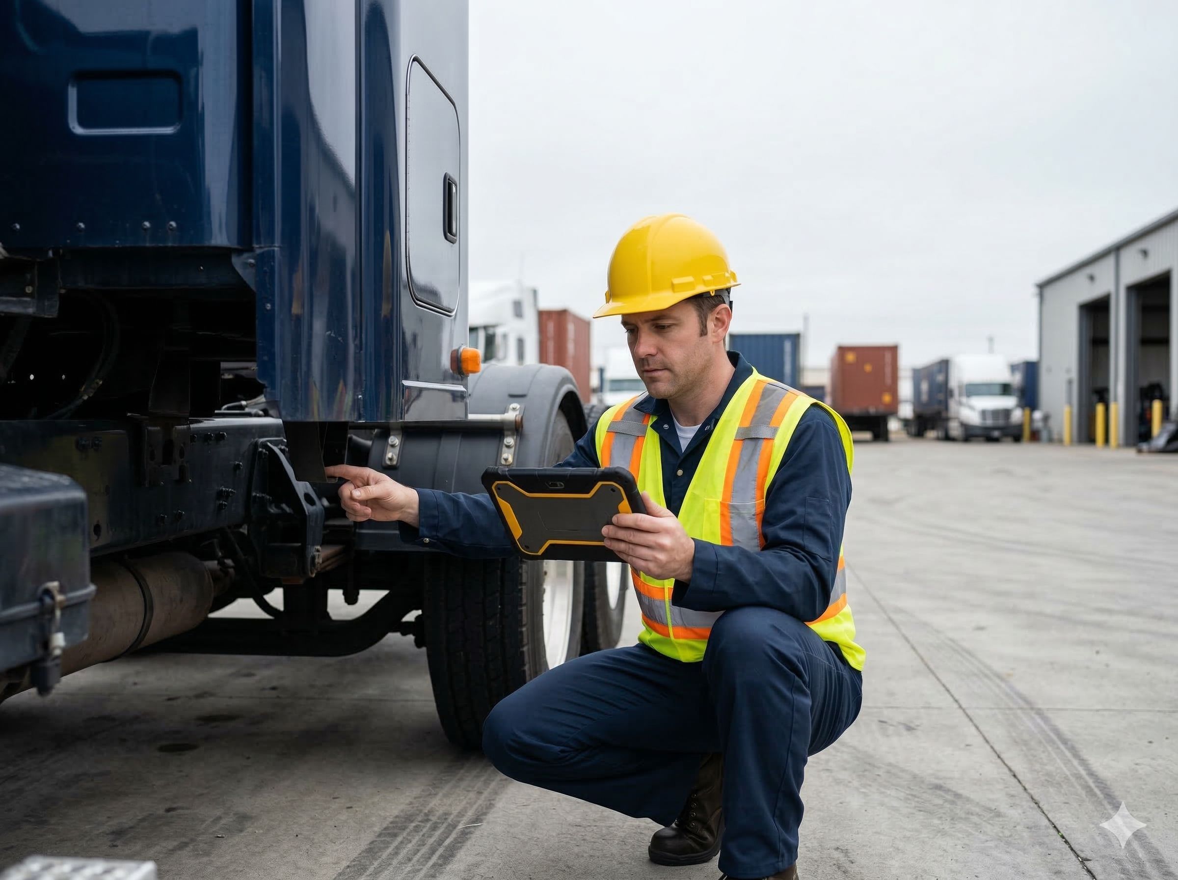 Keurder met tablet inspecteert vrachtwagen